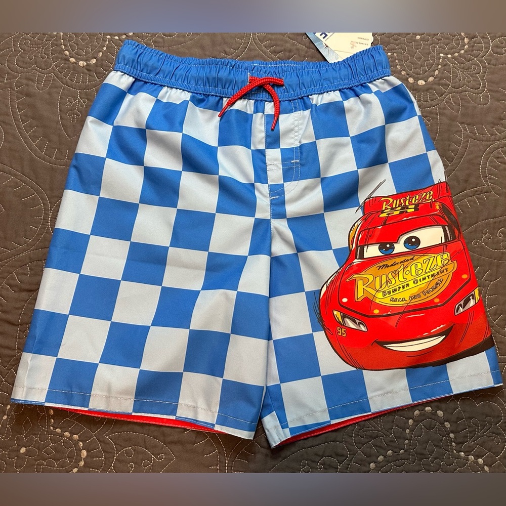 Disney/Pixar Cars Boys Blue Checkered Swim Trunks NWT Size 7/8
